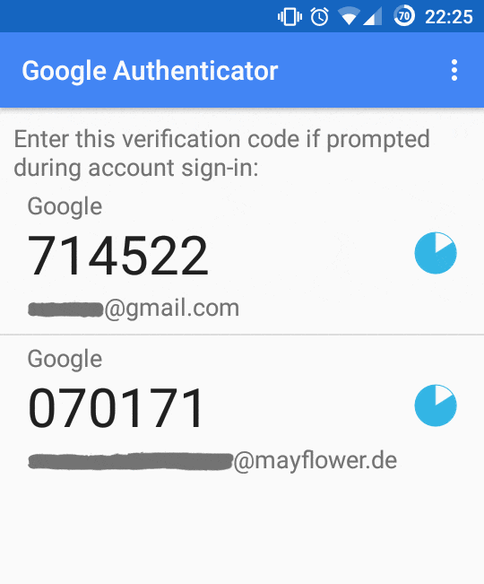 Screenshot der Android-App Google Authenticator. Links sechs Zahlen, rechts ein ablaufender Kreis, nach einer Minute neue Zahlen